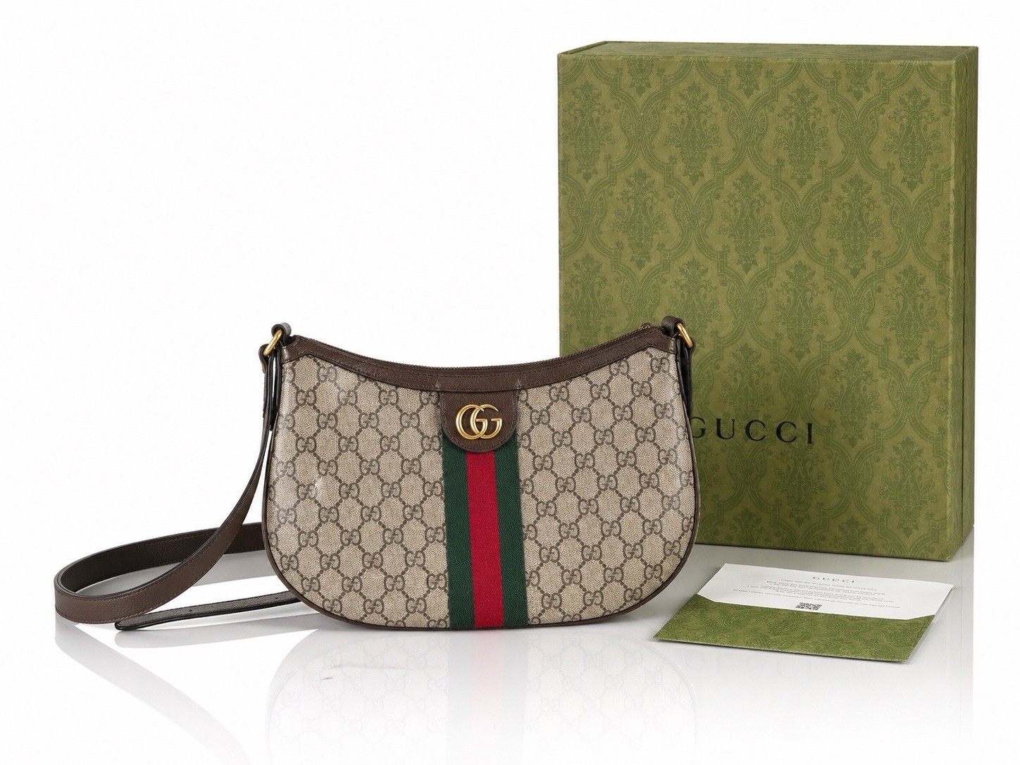 Gucci GG Supreme Monogram Web Small Ophidia Half Moon Hobo Brown With Box/Bags