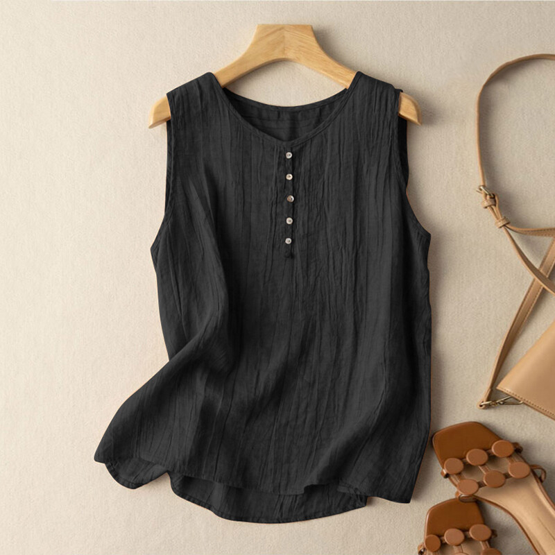 Summer Tank Vest Shirt Cotton Linen Sleeveless O-Neck Tops Blouse Tee Ladies