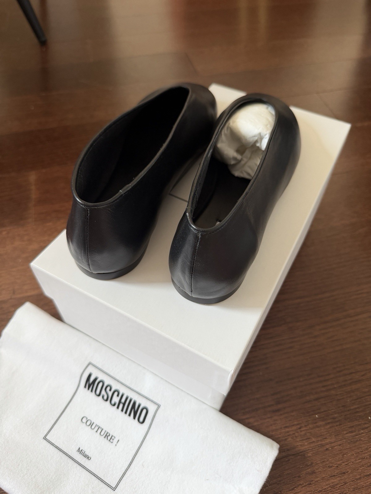 Moschino Women’s Black Leather Slip-On Ballet Flats Round Toe Logo EU37.5