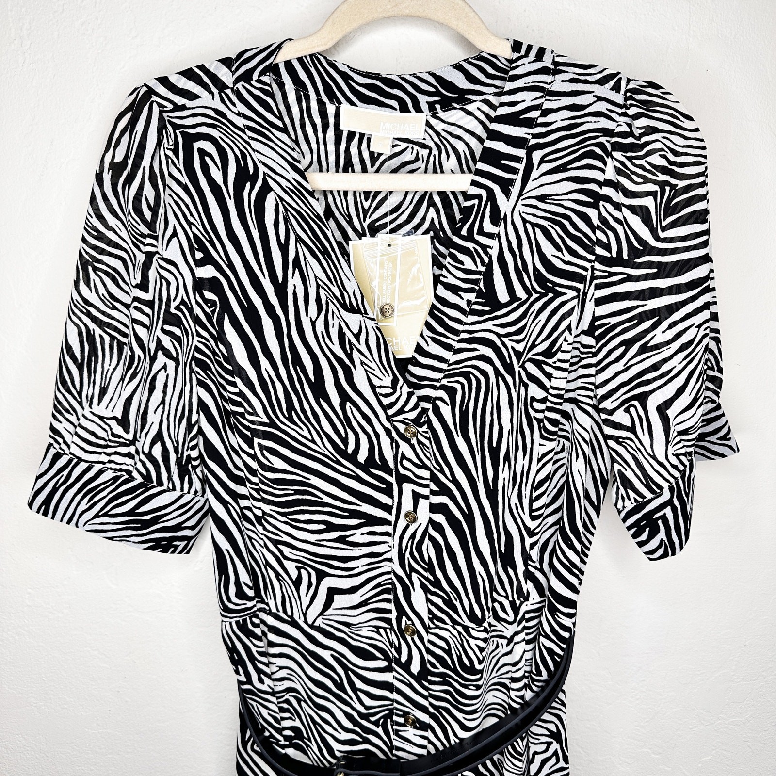 NWT Michael Kors Zebra Print Georgette Belted Puff Sleeve Midi Shirt Dress Med