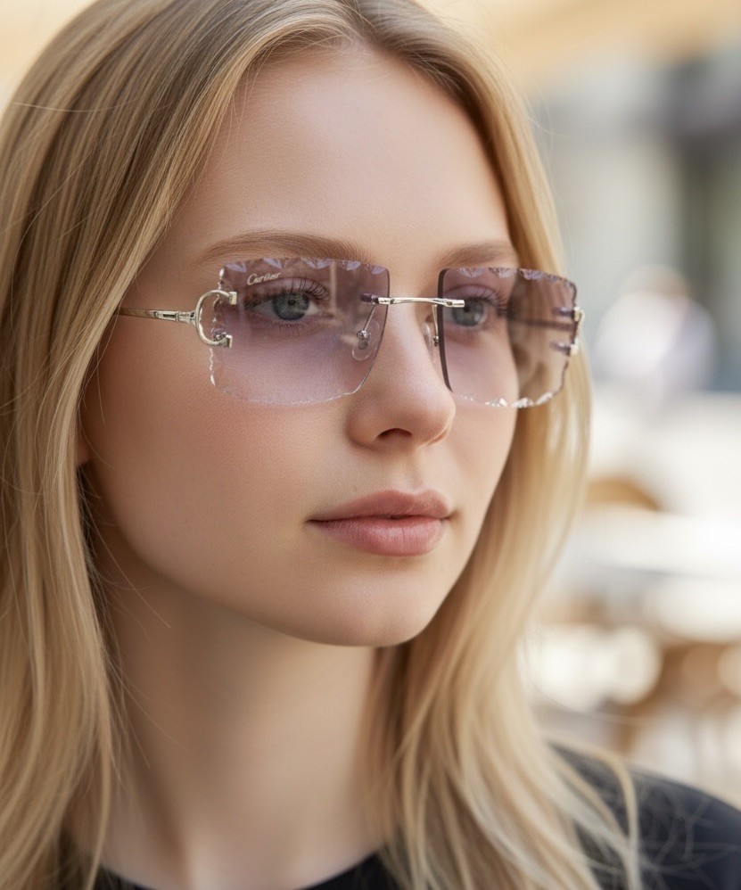 Cartier rimless sunglasses piccadilly glasses Diamond Cut BIG C silver Frame