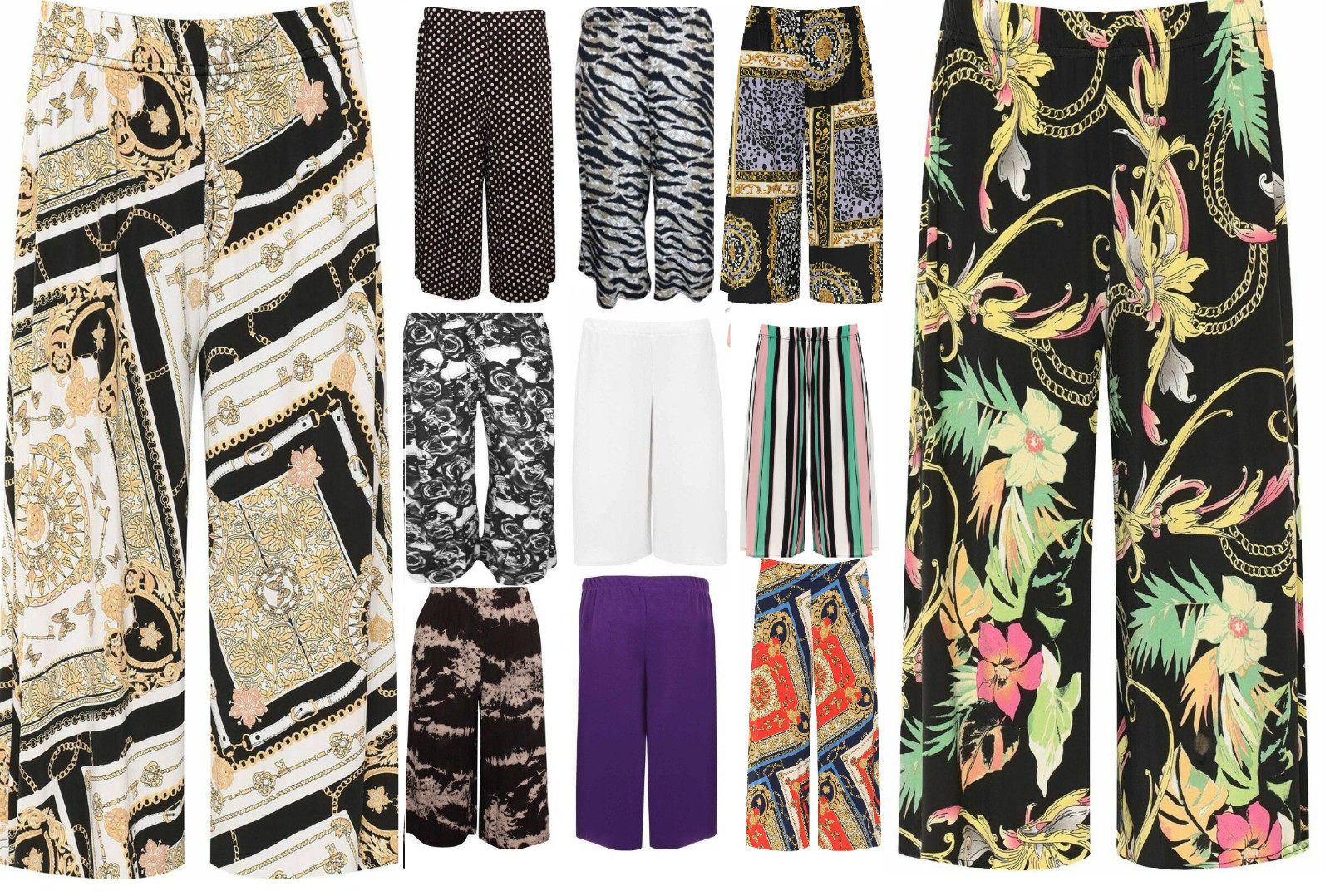 Elasticated Stretch Printed Plus Wide Leg Culottes 3/4 Shorts Ladies Womens