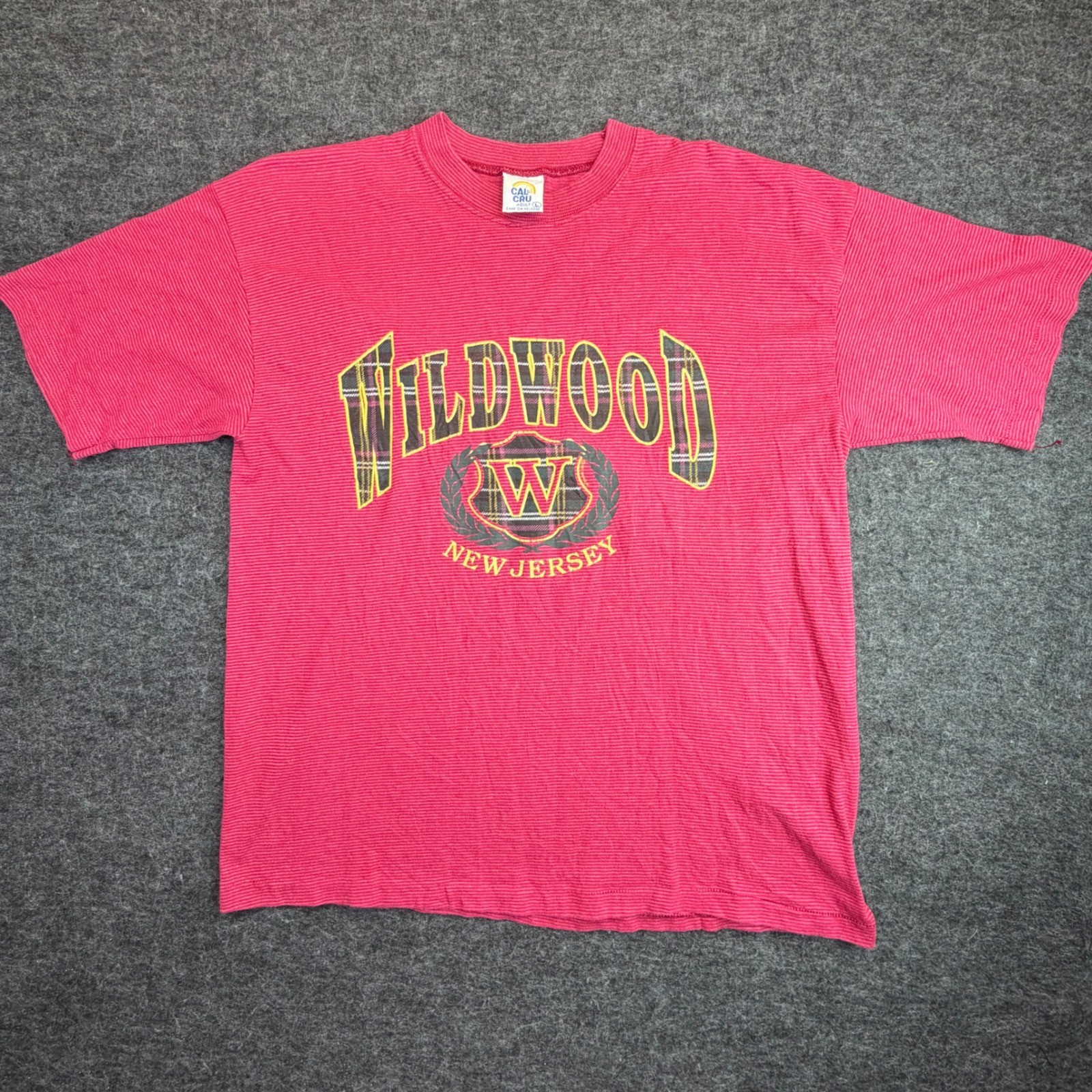 Vintage Cal Cru Wildwood New Jersey T-Shirt Mens Large Red Single Stitch Striped