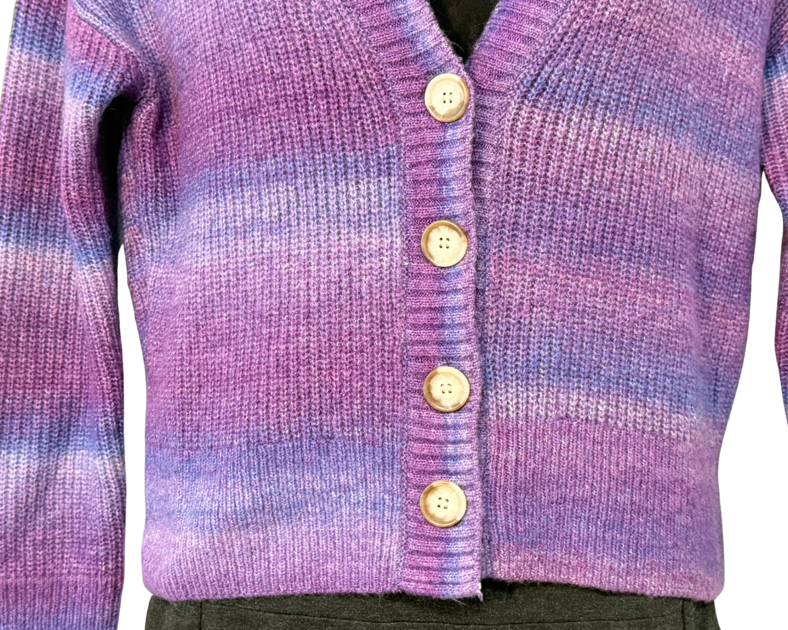 Loft Sz M V-Neck Cardigan Button Front Purple Ombre Stripe Rib Knit Wool Blend