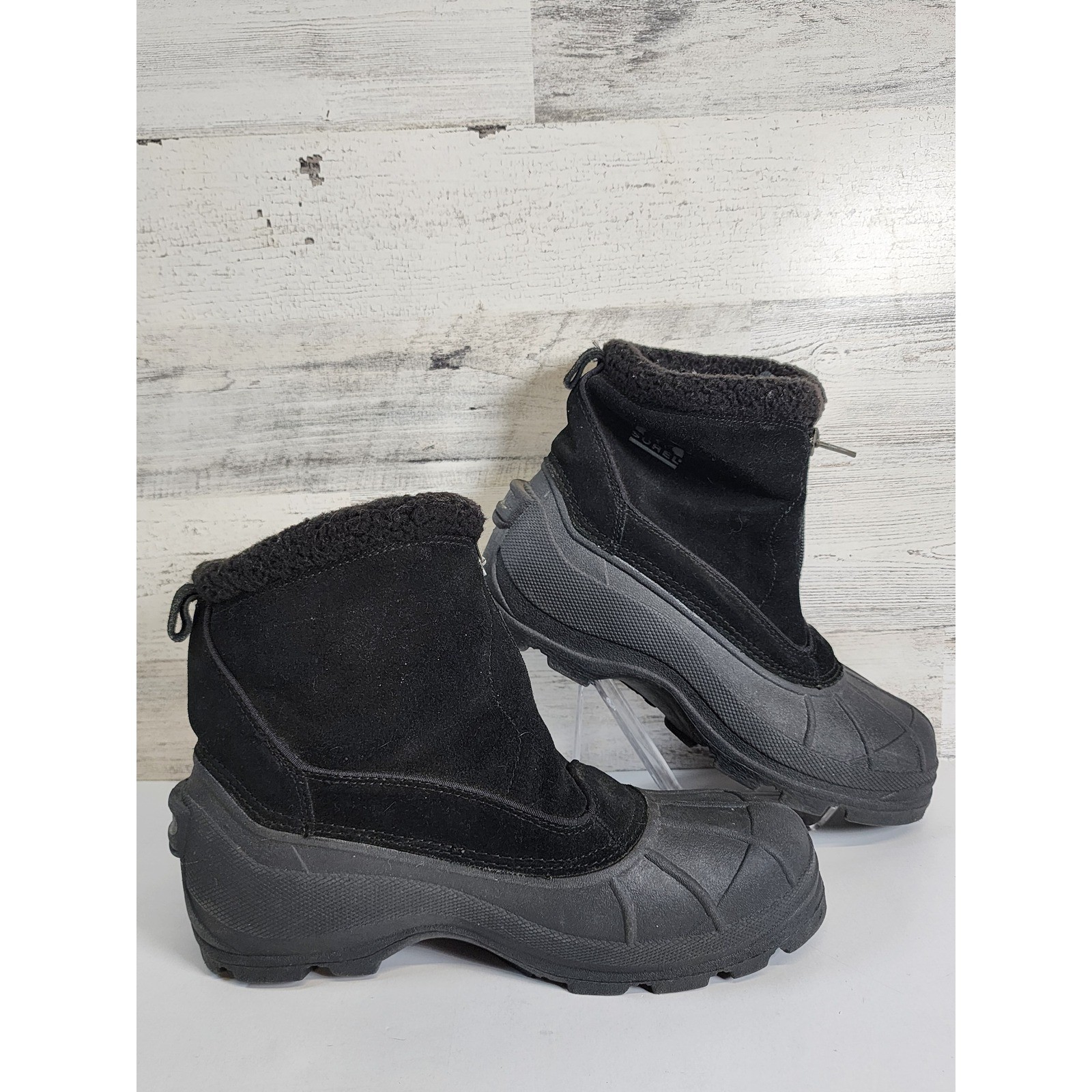 Sorel Crestwynd Winter Boots Women 9.5 Black Zip Front Faux Fur Trim Fair