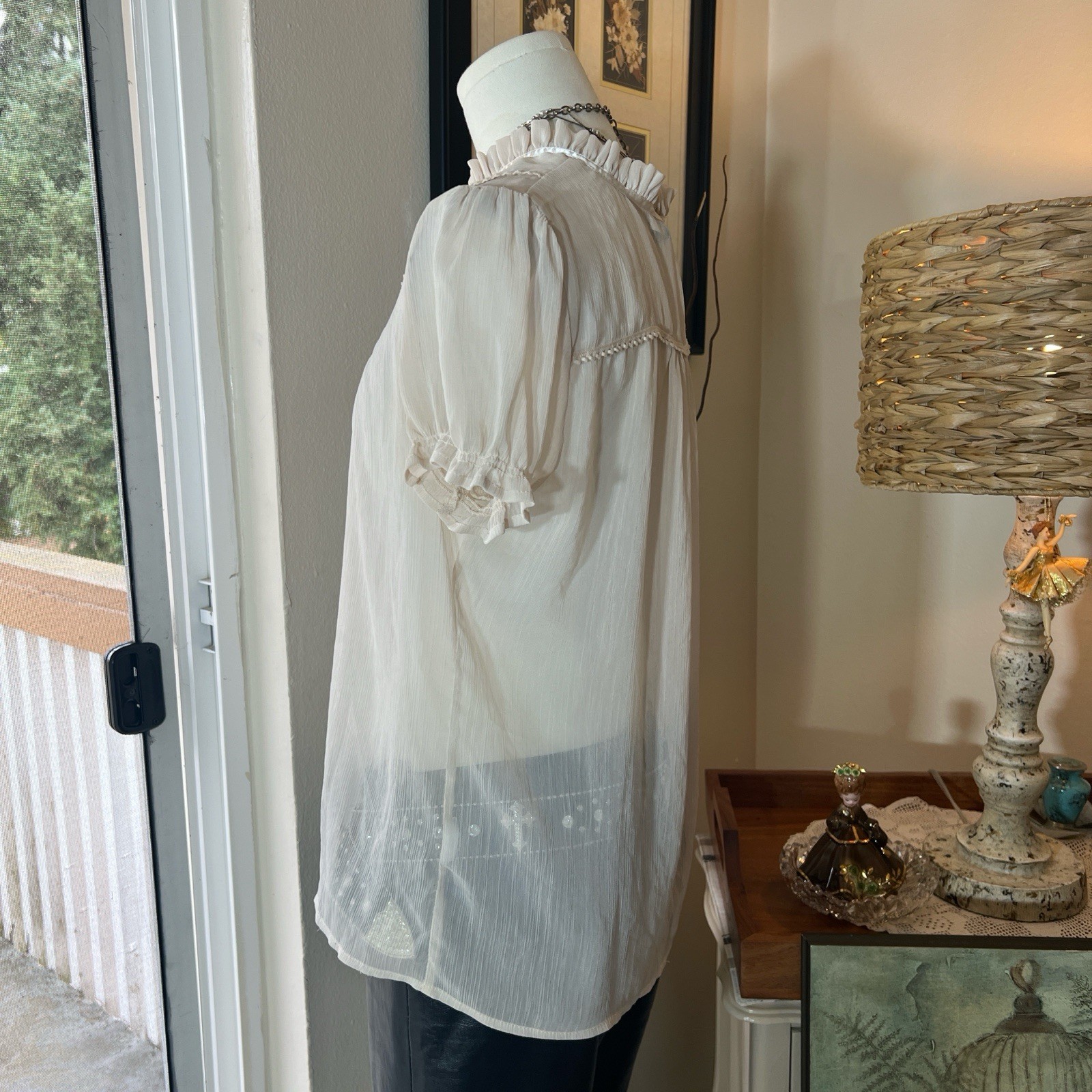 Y2K Divided Victorian Sheer Button Up Lace Trim Coquette Fairy Whimsey Blouse