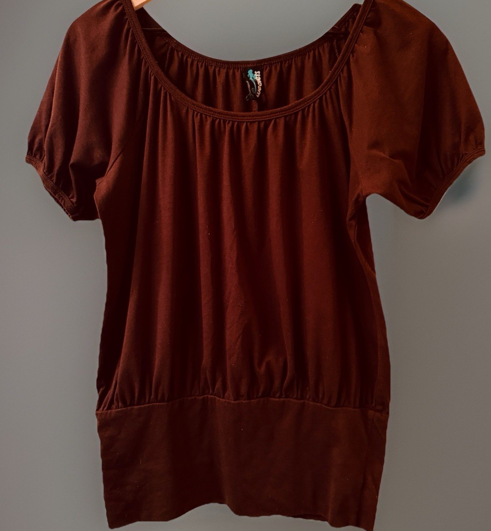 Weavers Y2K Brown Peasant Top Blouse Large L Short Sleeve Banded Hem Boho