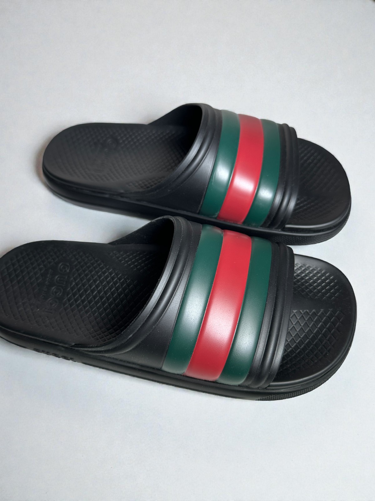 NIB Gucci Black Green Red Web Rubber Slides Sandals Authentic Size US8.5 UK8