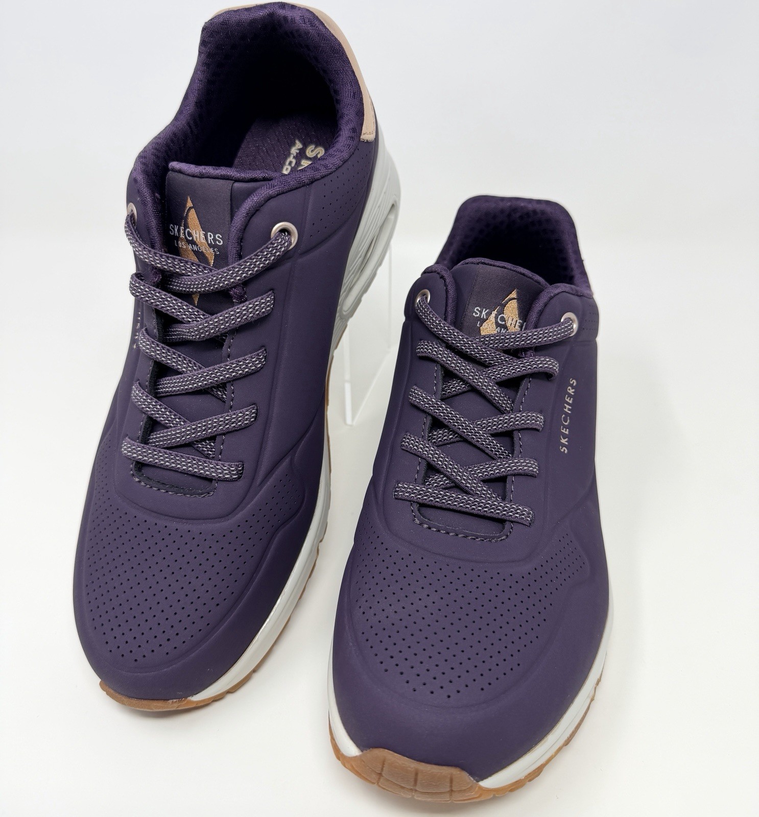 Sz 7.5 Skechers Women’s Uno Shimmer Away Sneaker, Dark Purple Durabuck Rosegold