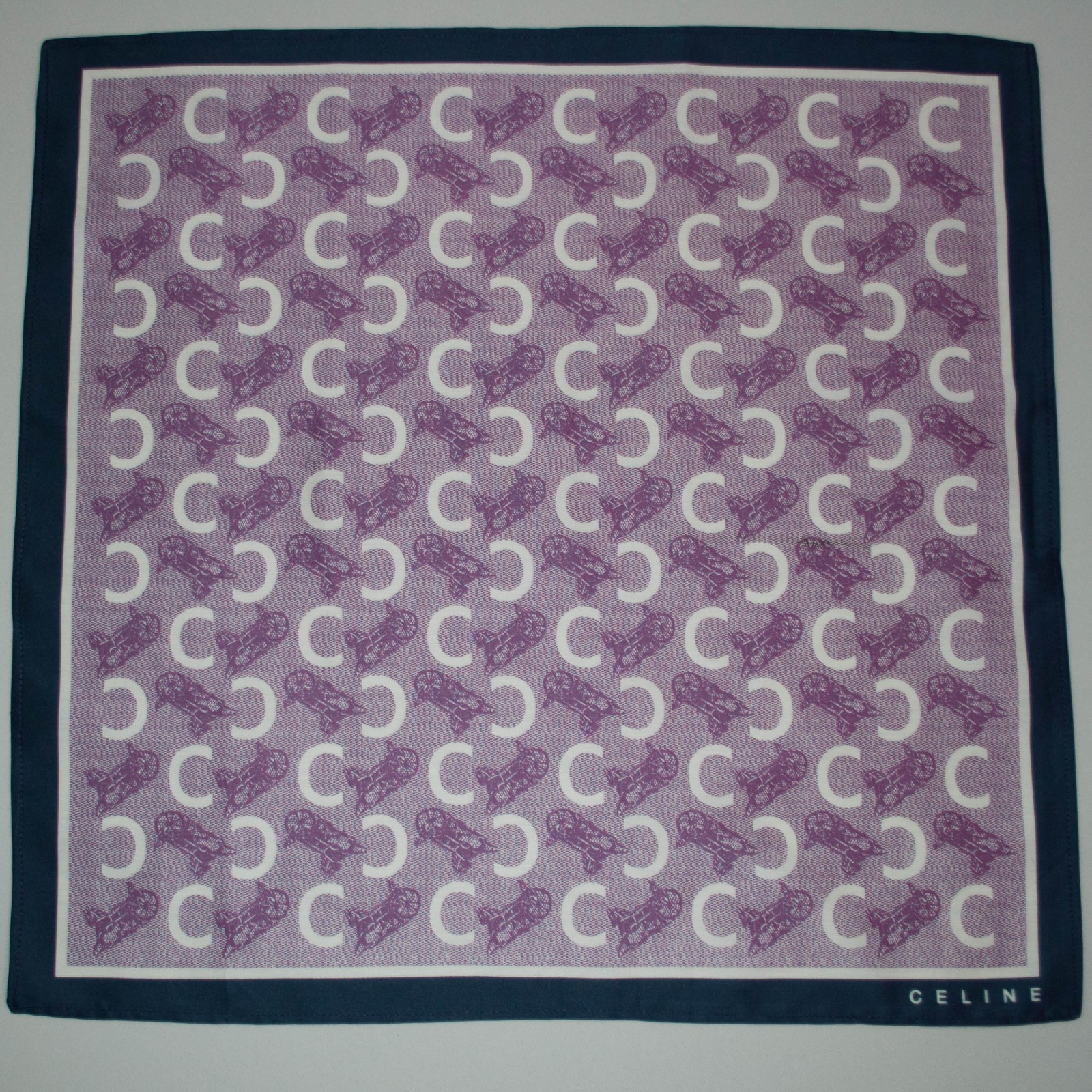 Celine horse and carriage pattern mulberry silk & cotton scarf Logo 47x47cm.