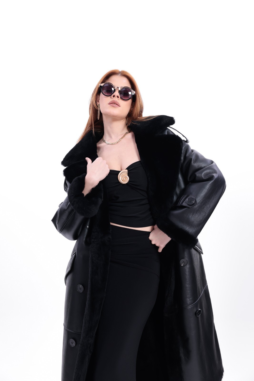 Women’s Black Shearling Coat Fur Collar Wide Collar Long 110 cm 43″