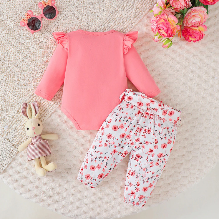 Baby Girl Ruffled Sleeve Lovely Rabbit Bodysuit+Flower Shorts+Headband Summer