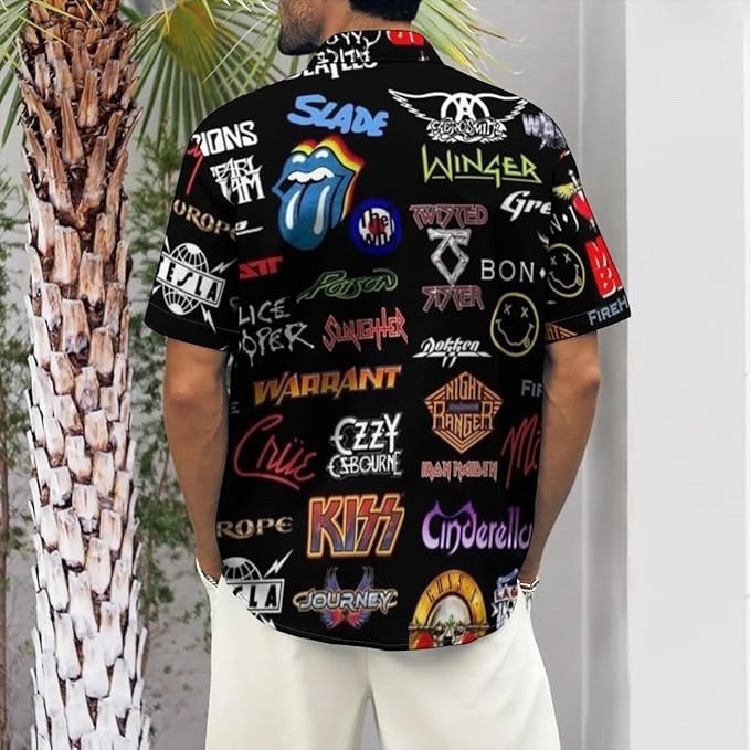 Mens Rock Shirts Band Collage Printed Shirt for Men Short Sleeve Punk