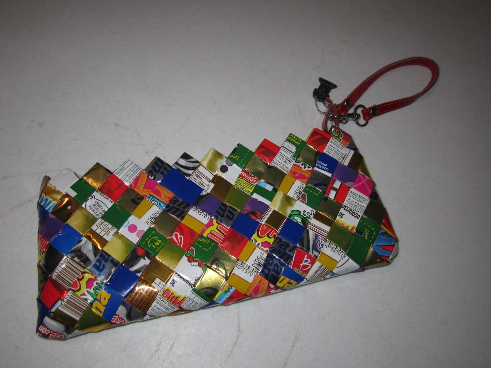 Nahui Ollin Woven Candy Wrapper Clutch Wristlet w/Red Patent Leather Strap/x