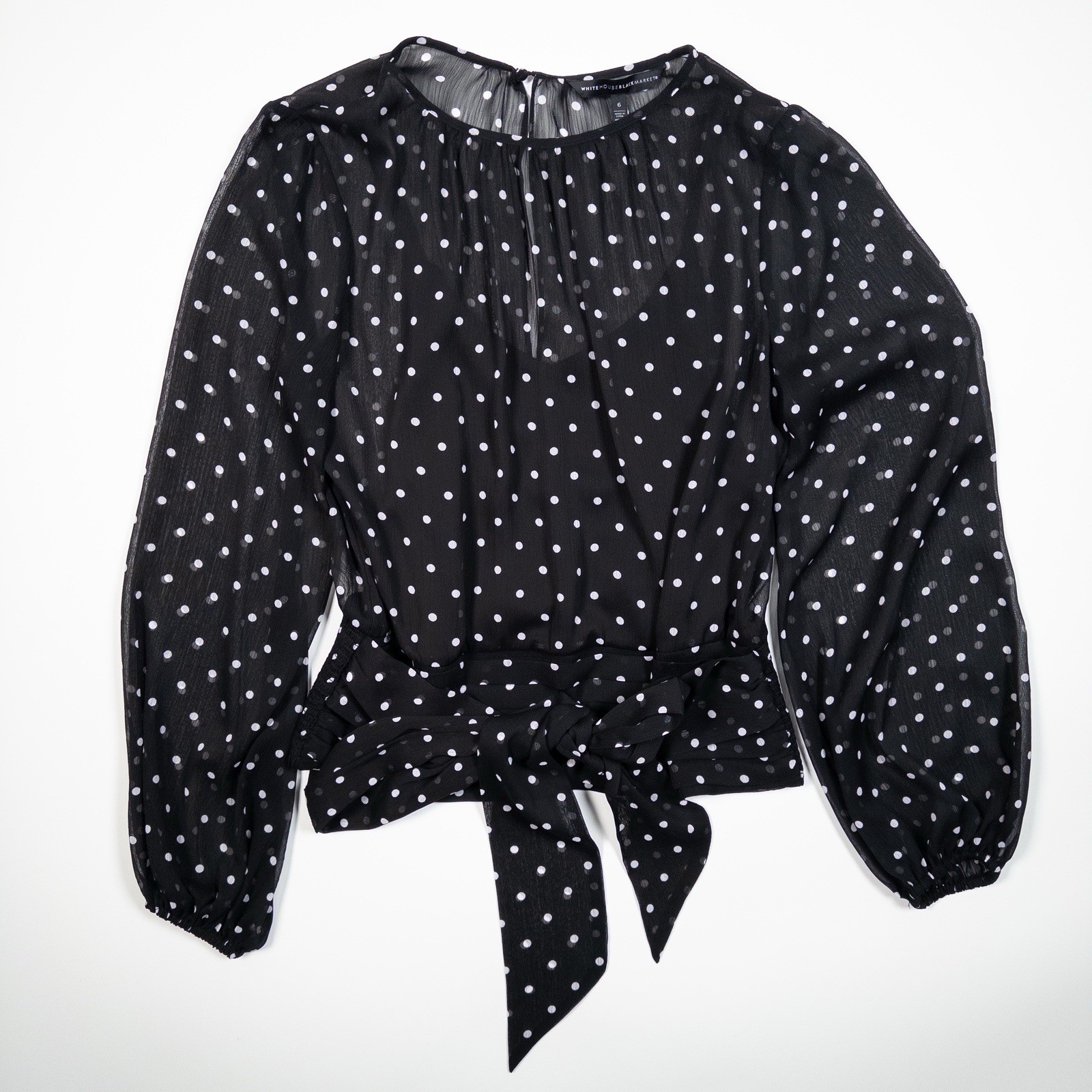 White House Black Market Womens Polka Dot Blouse Black White Sheer Tie Sz 6