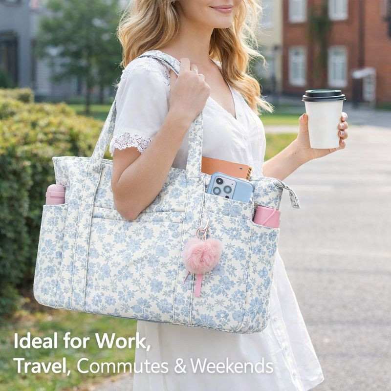 Quilted Tote Bag for Women, Lightweight Quilted Bag with Zipper, Blue Floral