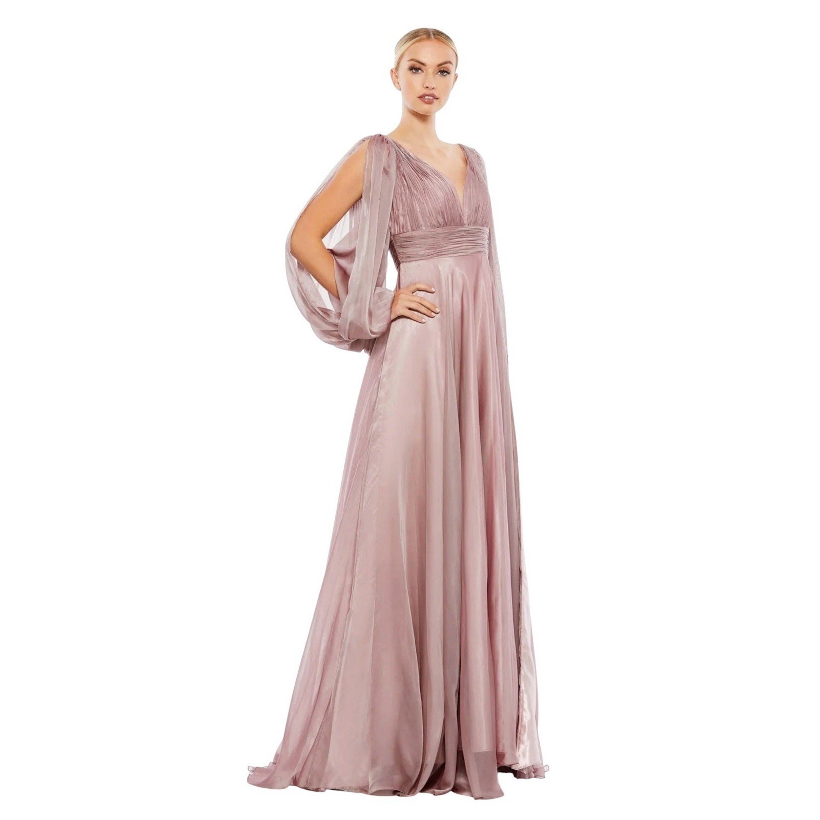 Mac Duggal 67414 Mocha Chiffon Gown Cutaway Sleeve Beaded Cuff Size 8 $598