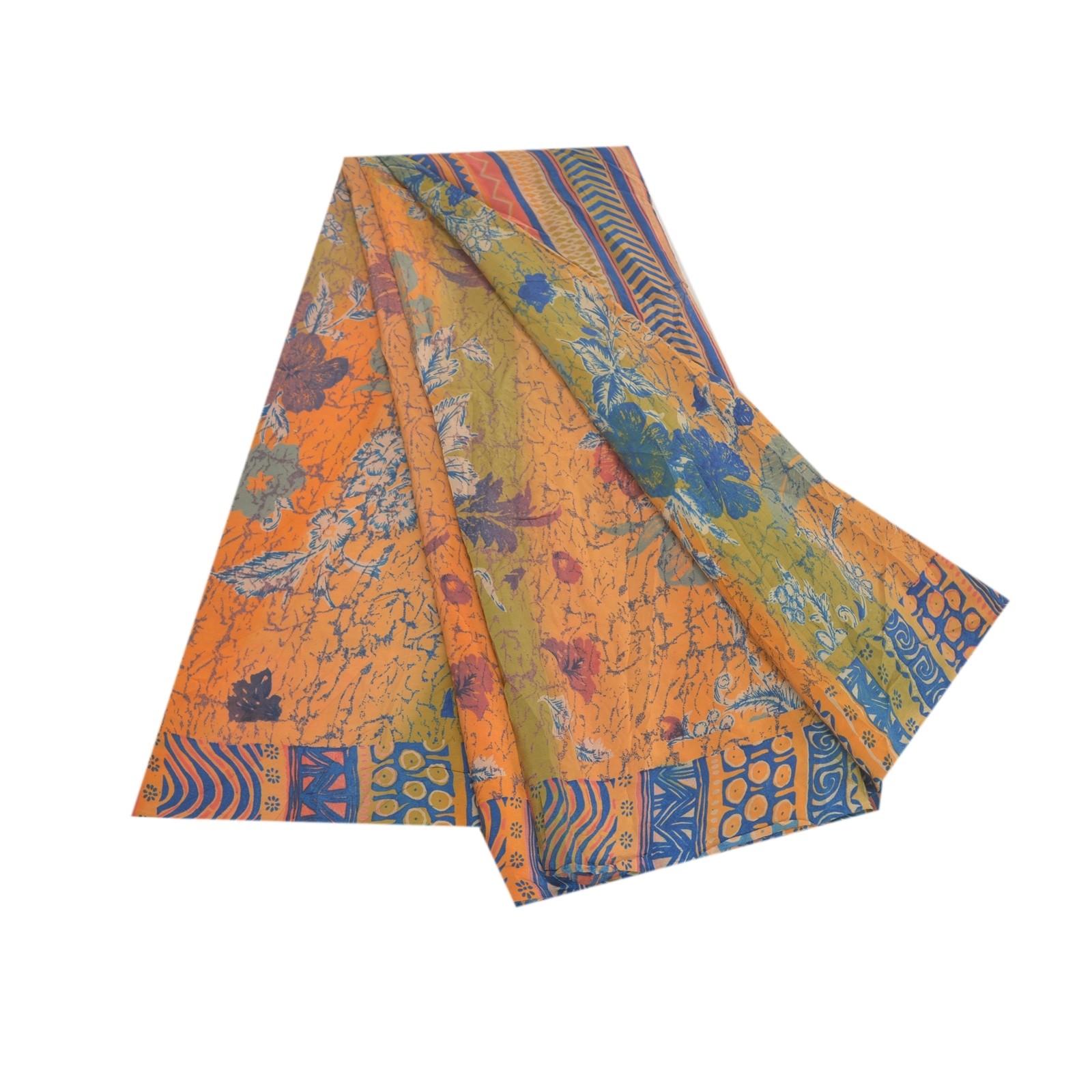 Sanskriti Vintage Saree Multicolor 100% Pure Crepe Floral Print 5+YD Sari Craft