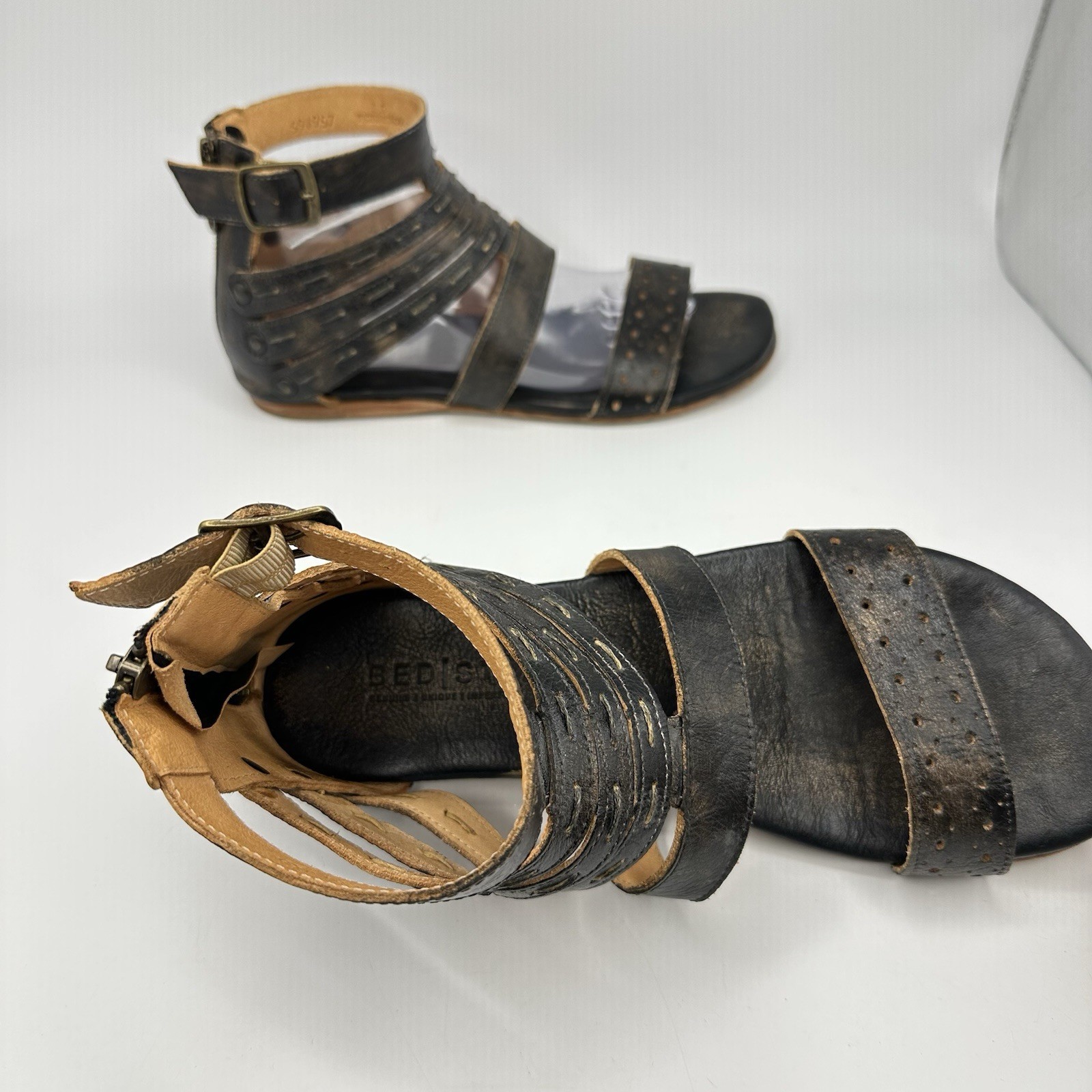 BED STU-Artemis Gladiator Sandals Black Hand Wash Leather Zip Women Size 9.5