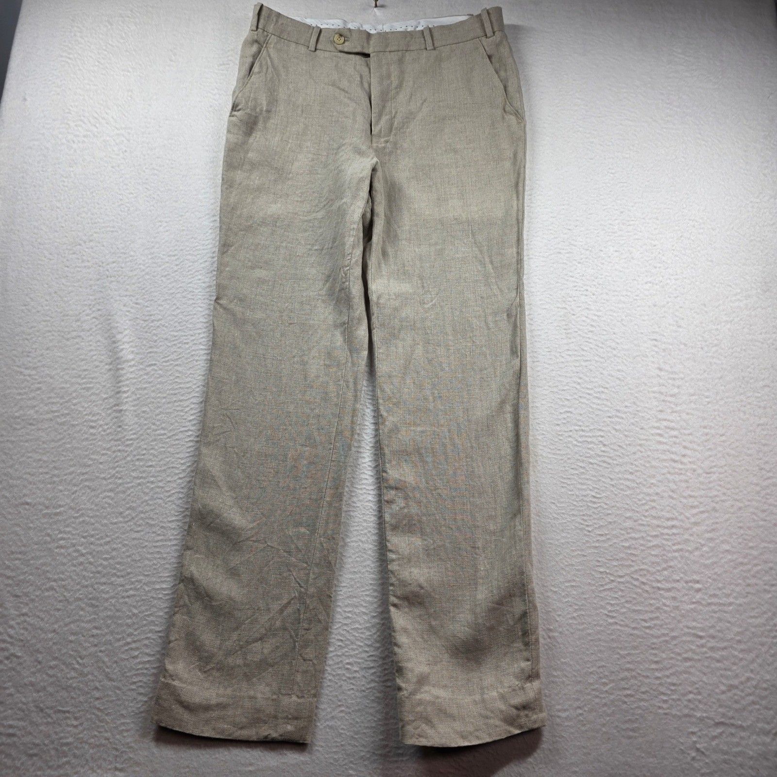 Bespoke StudioSuits Trousers Men 33×31 Beige Linen Handcrafted Flat Front
