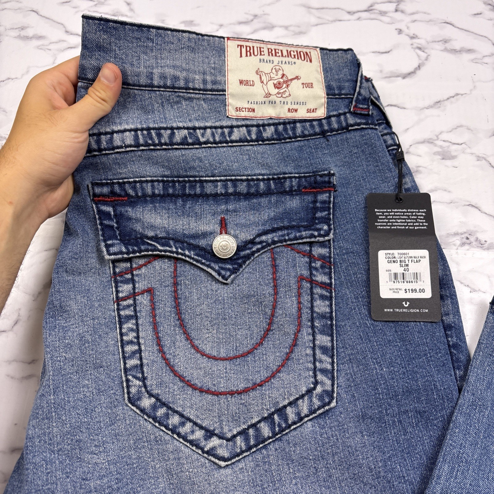 NEW True Religion Jeans GENO Big T Flap Red Trim Relaxed Slim 40×32 Blue Wash