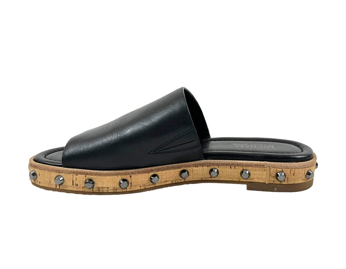 Michael Kors Ellen Slide Sandals Shoes Black Leather Rivets Accent Size 5 M New