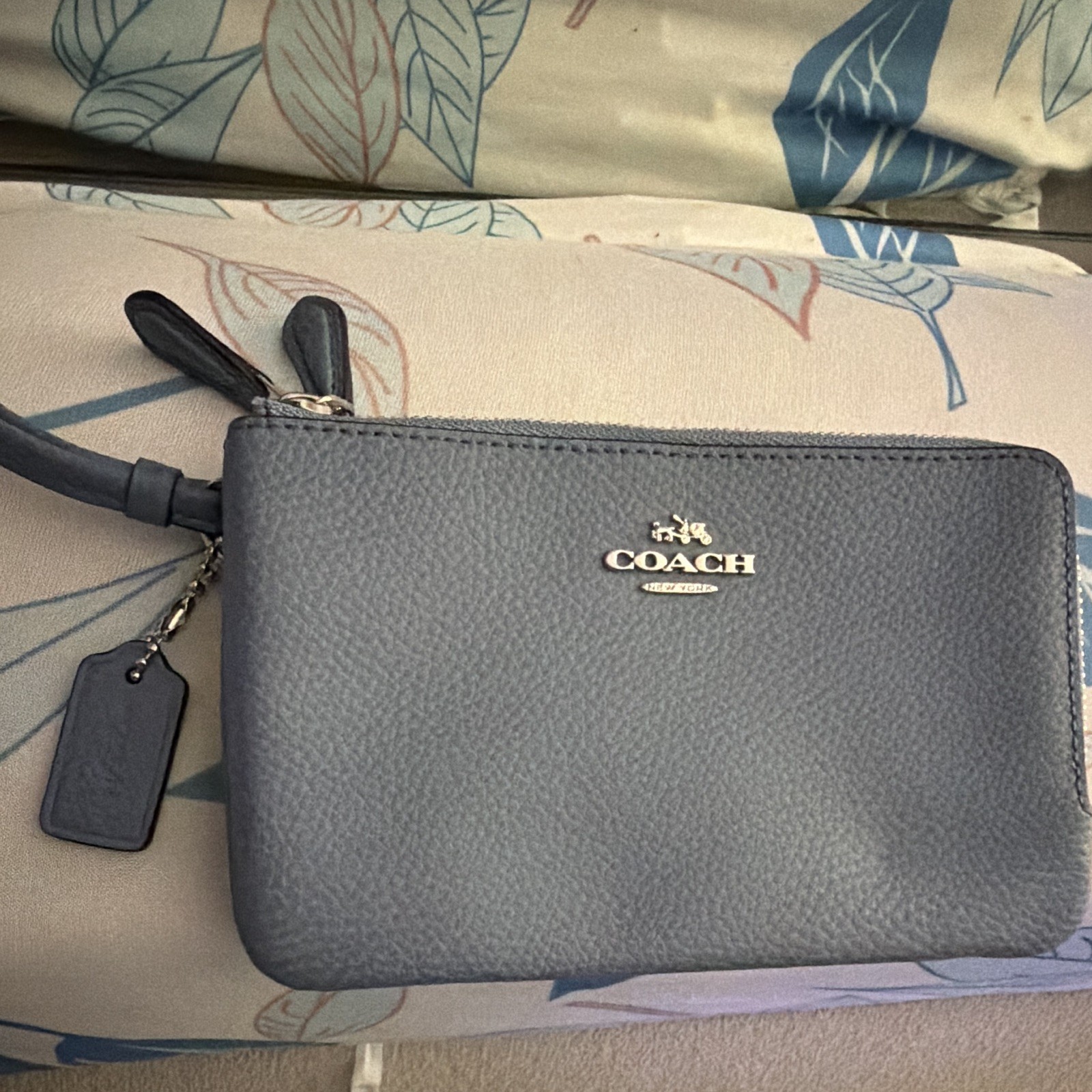 Coach Blue Pebbled Zip Wristlet Pouch w/ Wrist Strap, Silver Hardware