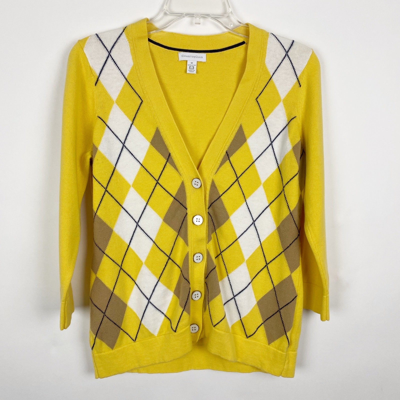 Charter Club Yellow Argyle Cotton Cardigan Sweater Women’s Size M 3/4 Sleeve