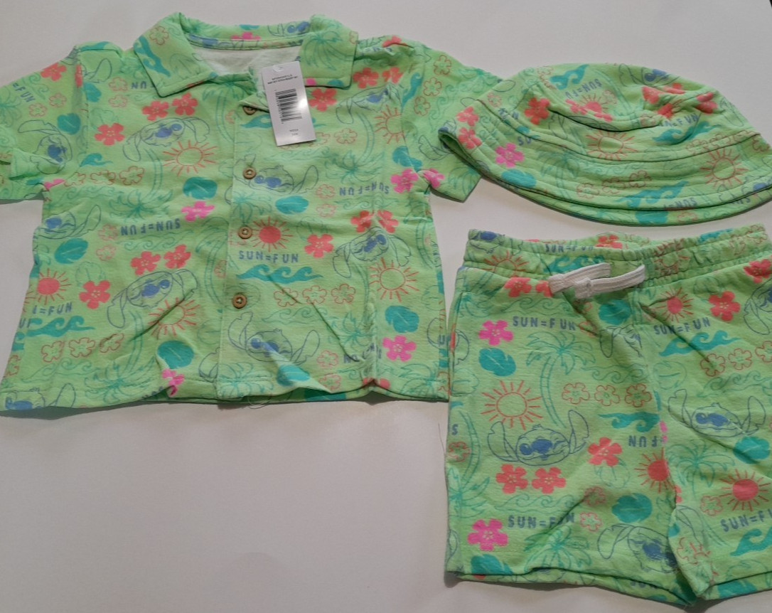 Disney Lilo & Stitch 3-Piece Set 24 Months Button Shirt Shorts Hat NWT