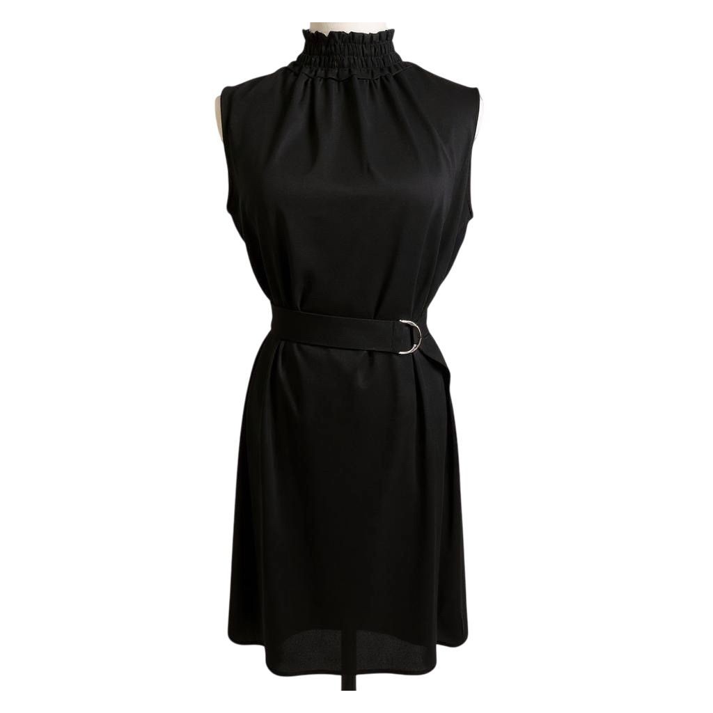 NEW Ming Wang Women’s SMALL Black Mock Neck Belted Knee Length Dress