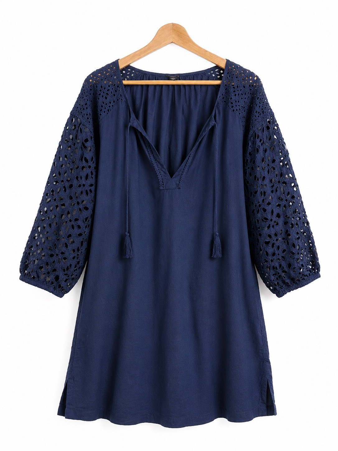 J.Crew Blue Eyelet Lace V-Neck 3/4 Sleeve Tunic Blouse Women’s XL