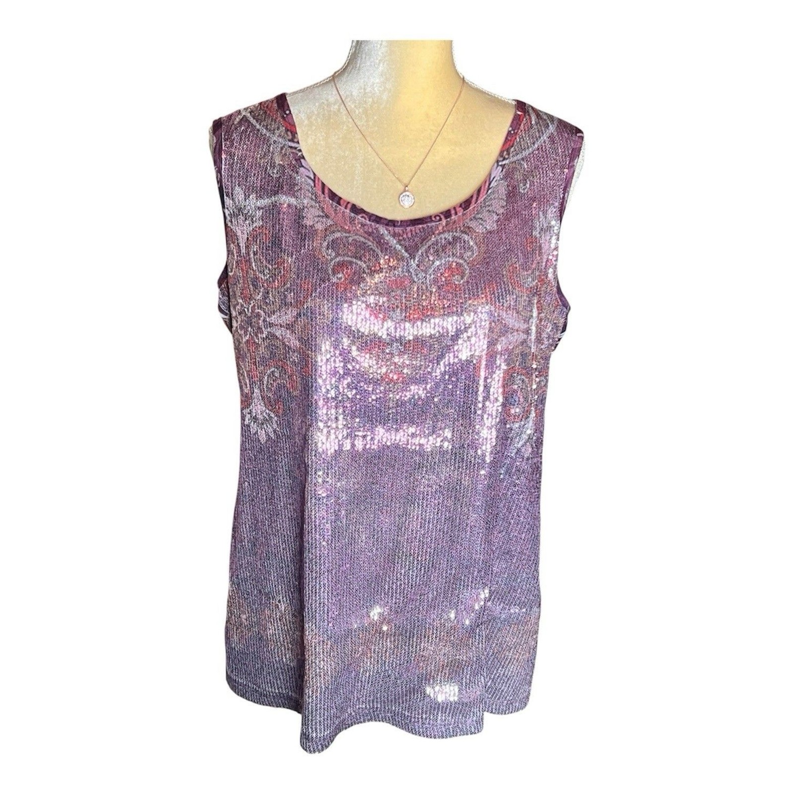 Cato’s Purple Tank Top Sequin Front Size Large Sleeveless Print Back Lined