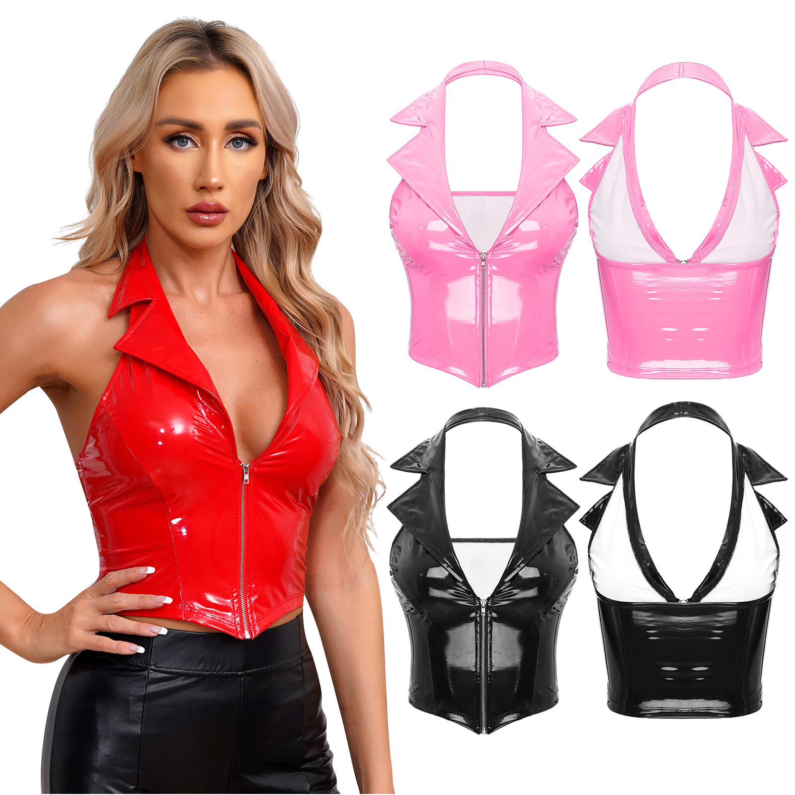 US Women’s Backless PVC Leather Crop Top Wet Look Vest Clubwear Party Clothes