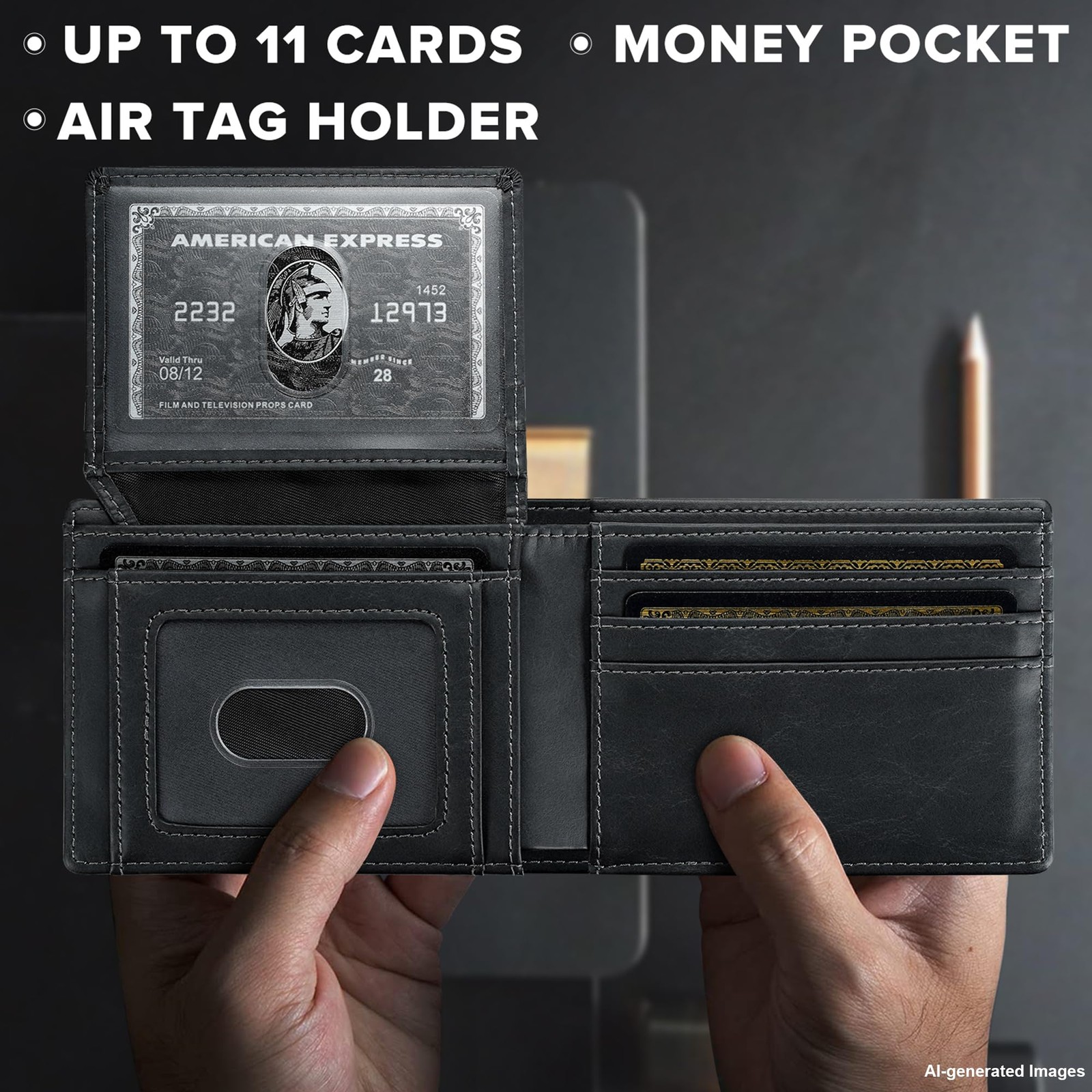 furid Slim AirTag Wallet for Men: Minimalist Full Grain Airtag Wallet, Black