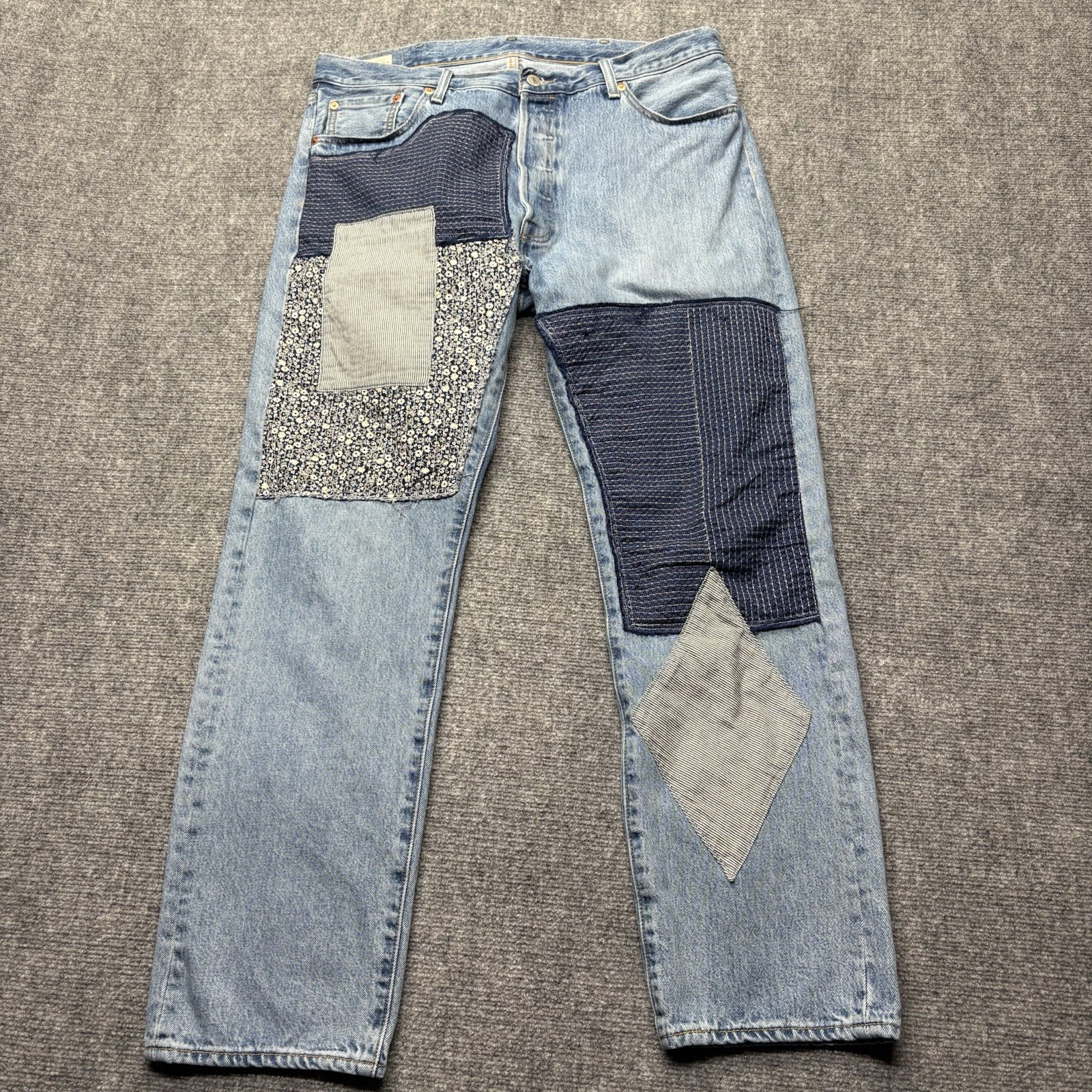 Levis Premium Jeans Mens 38×32 Blue 501 ’54 Patchwork Straight Button Fly Big E