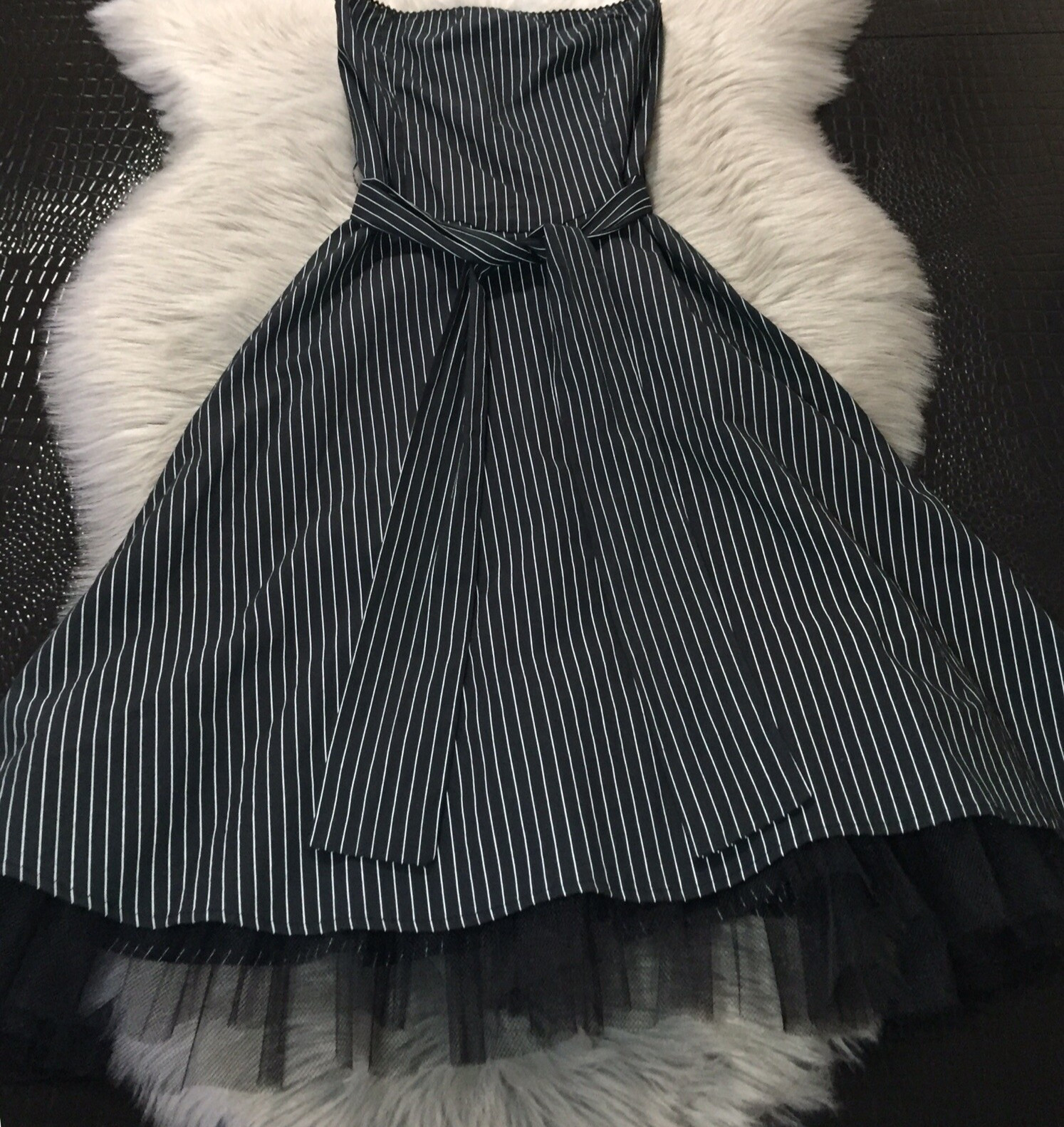 Vintage Authentic Janette Black Stripe Strapless Dress Tule Detail Size S/M