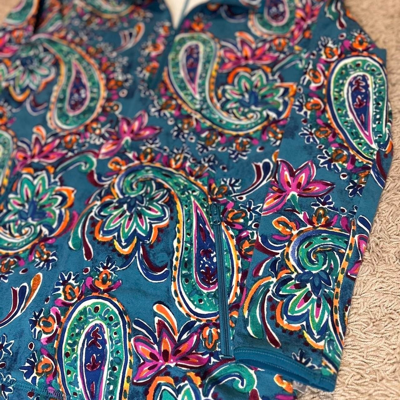 T by Talbots Womens XS Teal Paisley Quarter Zip Pullover Long Sleeve Top Pockets