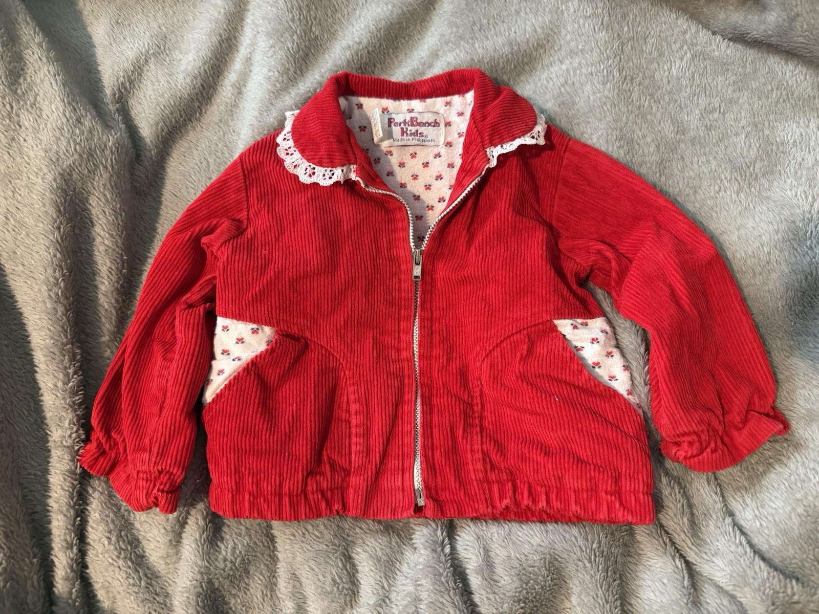 Vintage Courderoy Jacket 18 Months Red Park Bench Kids With Floral & Lace Detail