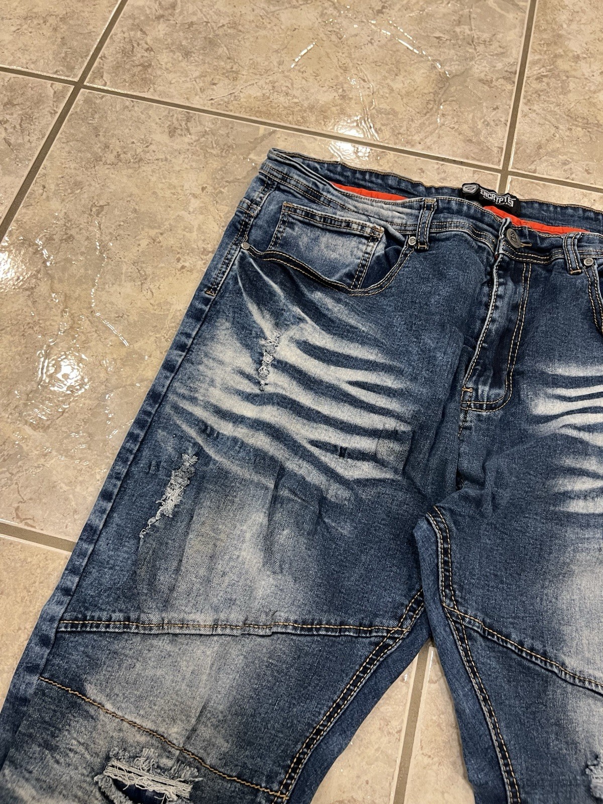 ENCRYPTED Men’s 40 Acid Wash Biker Jeans Slim Fit Moto Skinny Blue Denim