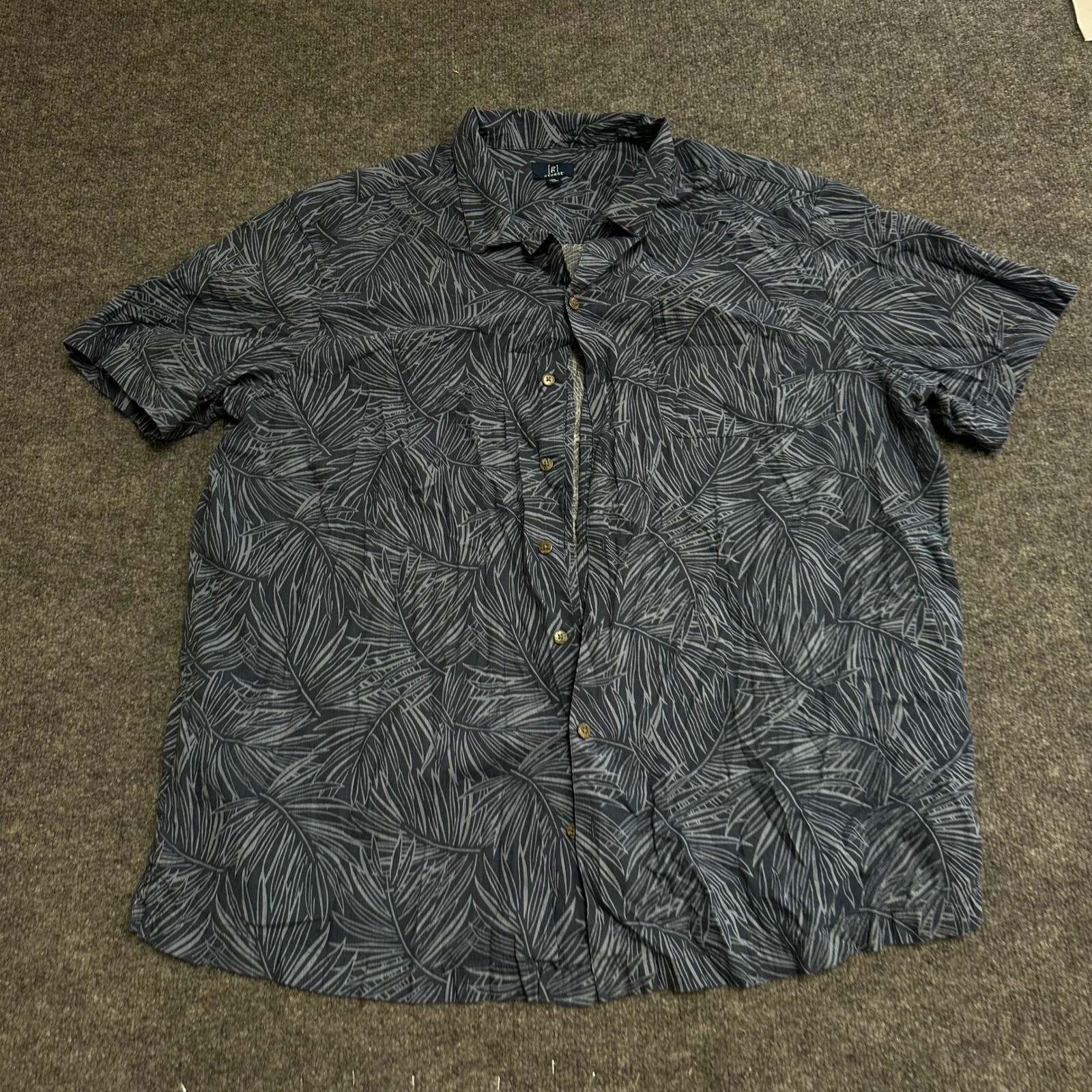 George Button Down Shirt Mens Size 3XL Navy Blue Linen Rayon Palm Leaf Casual