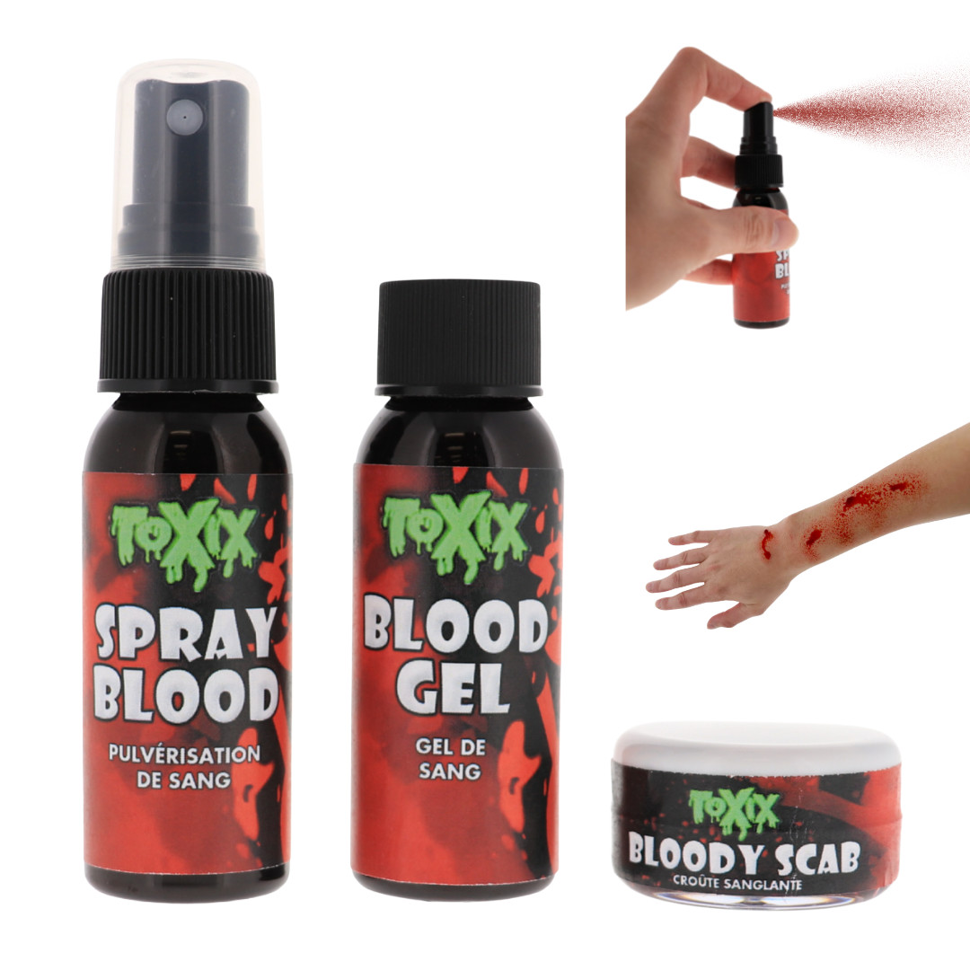 TOXIX 3PCS Fake Blood Kit– Spray Blood 1FL OZ + Blood Gel 1FL OZ + Bloody Scab