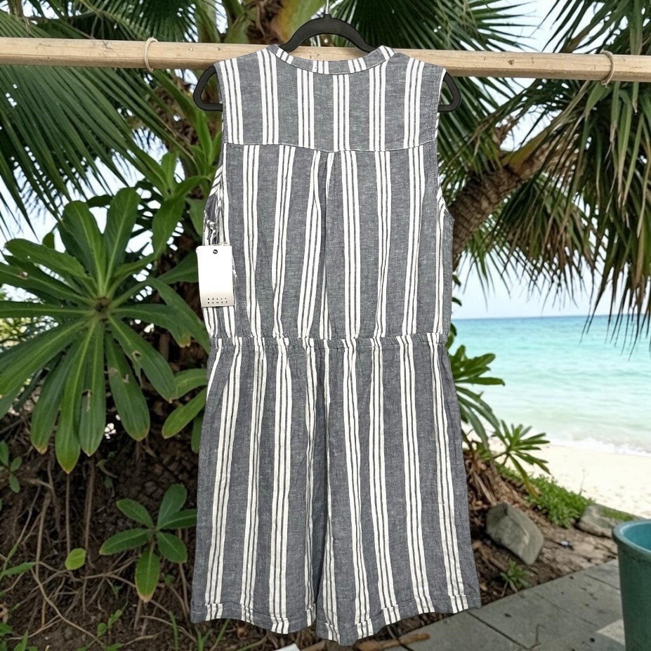 NWT Linen Blend Romper Womens Large Blue White Stripe Drawstring Summer Vacation