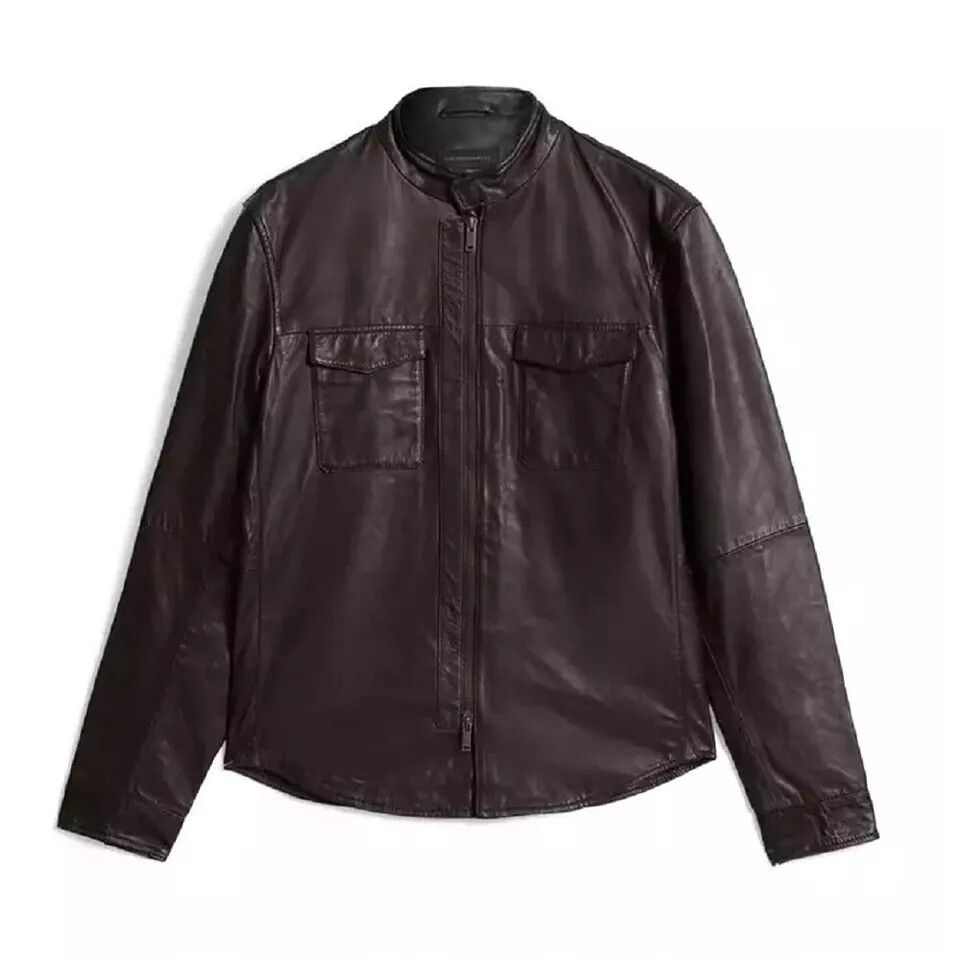 John Varvatos Leather Jacket Shirt Jacket Snap Zip Front Brown pure Lambskin