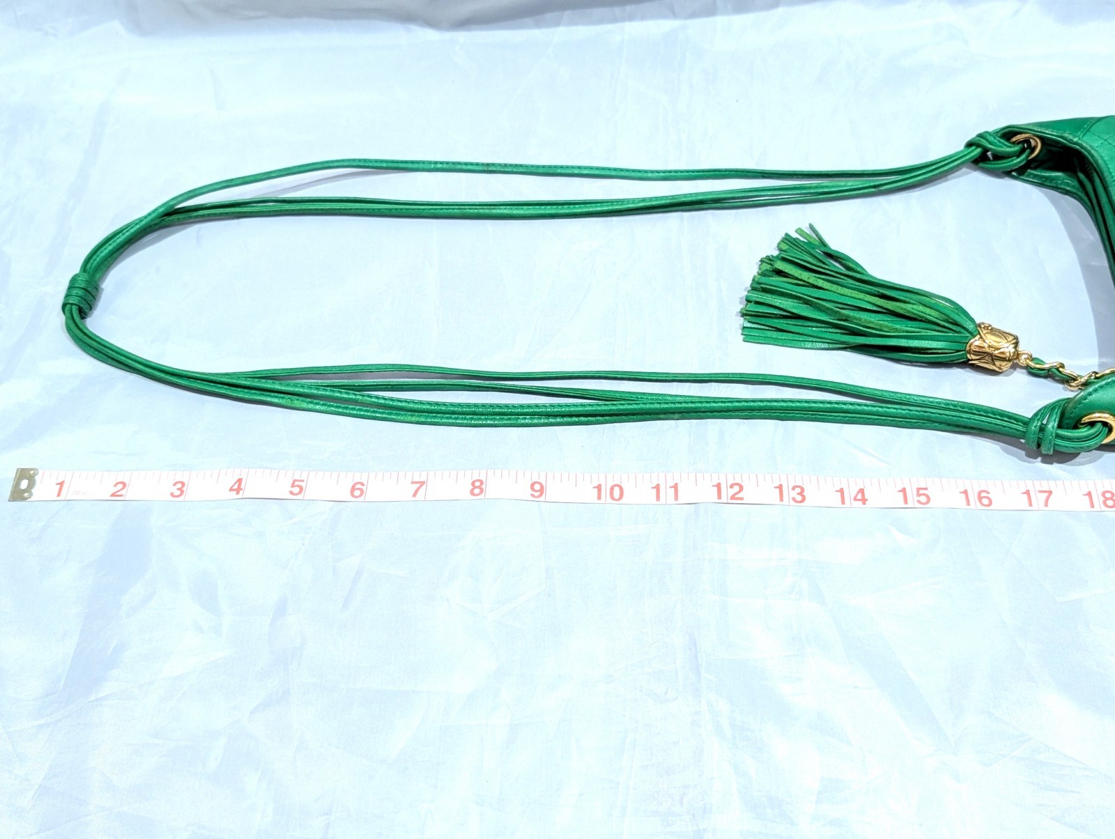 CHANEL CC Logo Fringe Charm Mini Shoulder Bag Lamb Leather Green VTG JPN