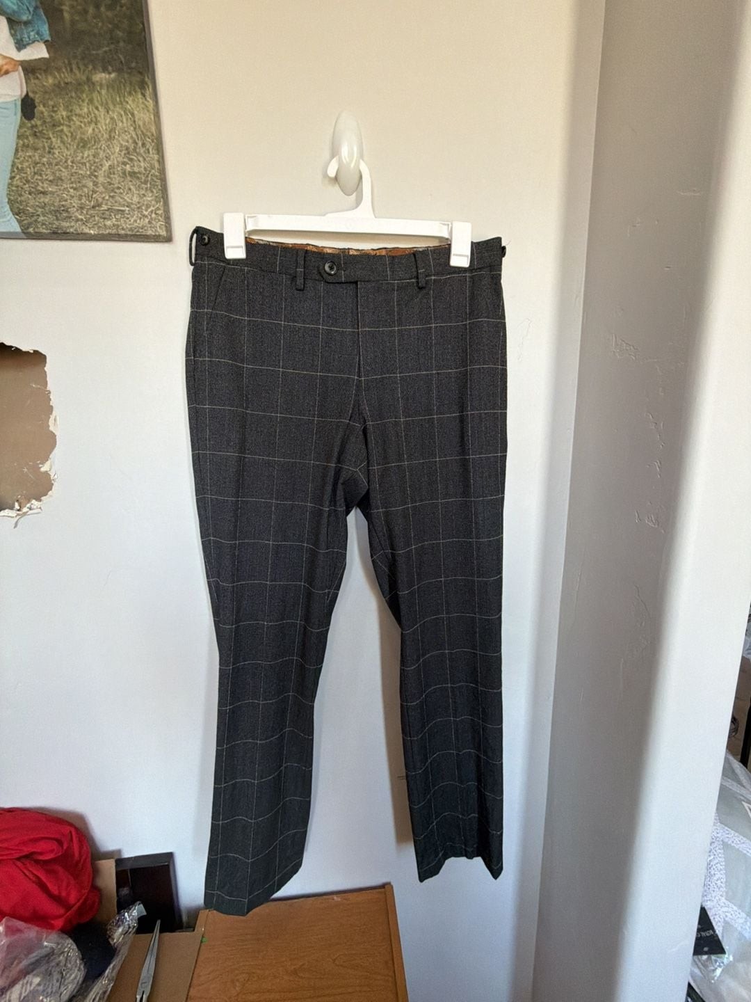 Murano Alex Fit Mens Charcoal Windowpane Plaid Dress Pants Size 34×32