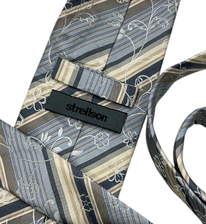STRELLSON Men’s Silk Tie ITALY LUXURY Gray Beige Striped Floral W:3.7″ EUC