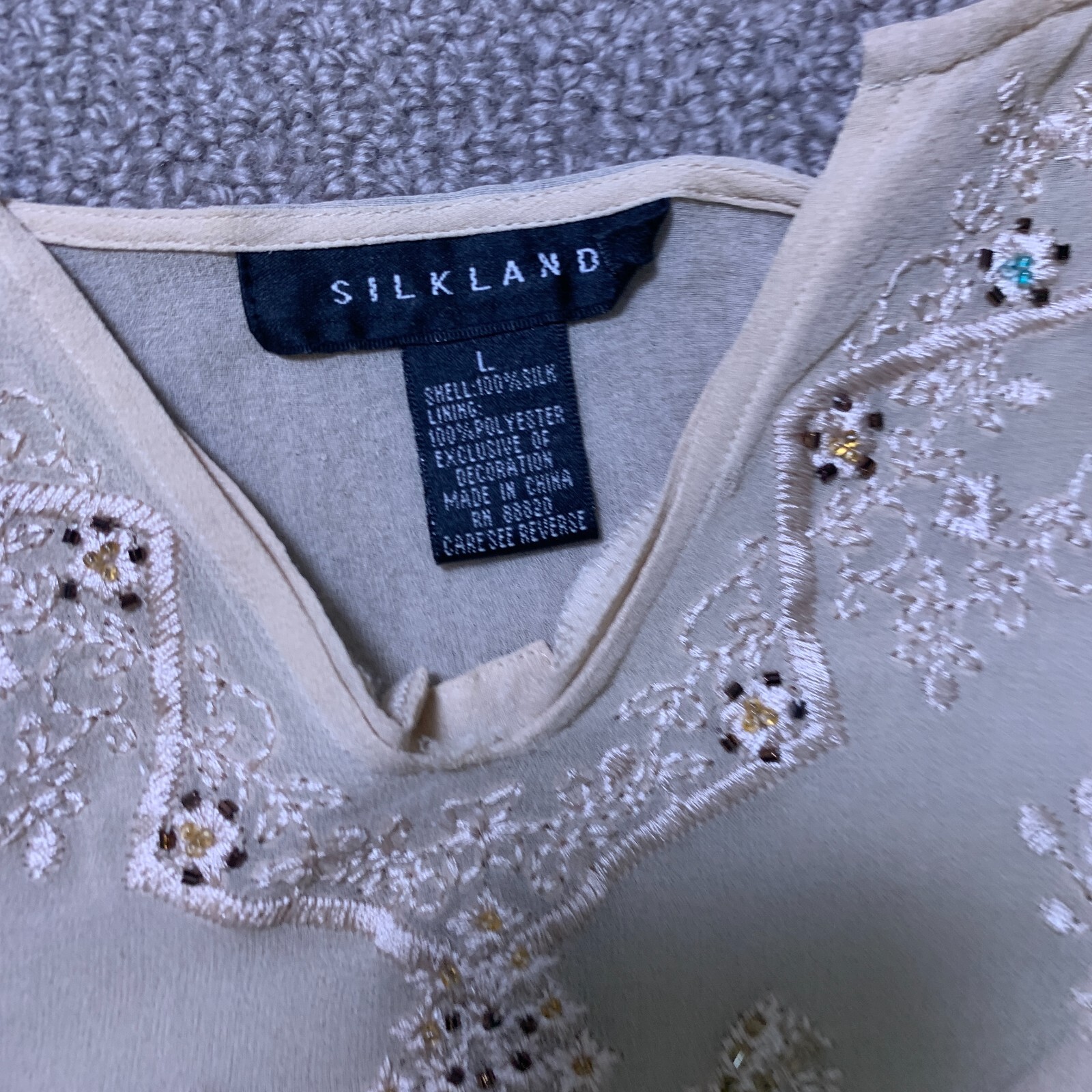 Silkland Layer Top Womens L Silk Semi Sheer Boho Coastal Cowgirl Embroider Bead