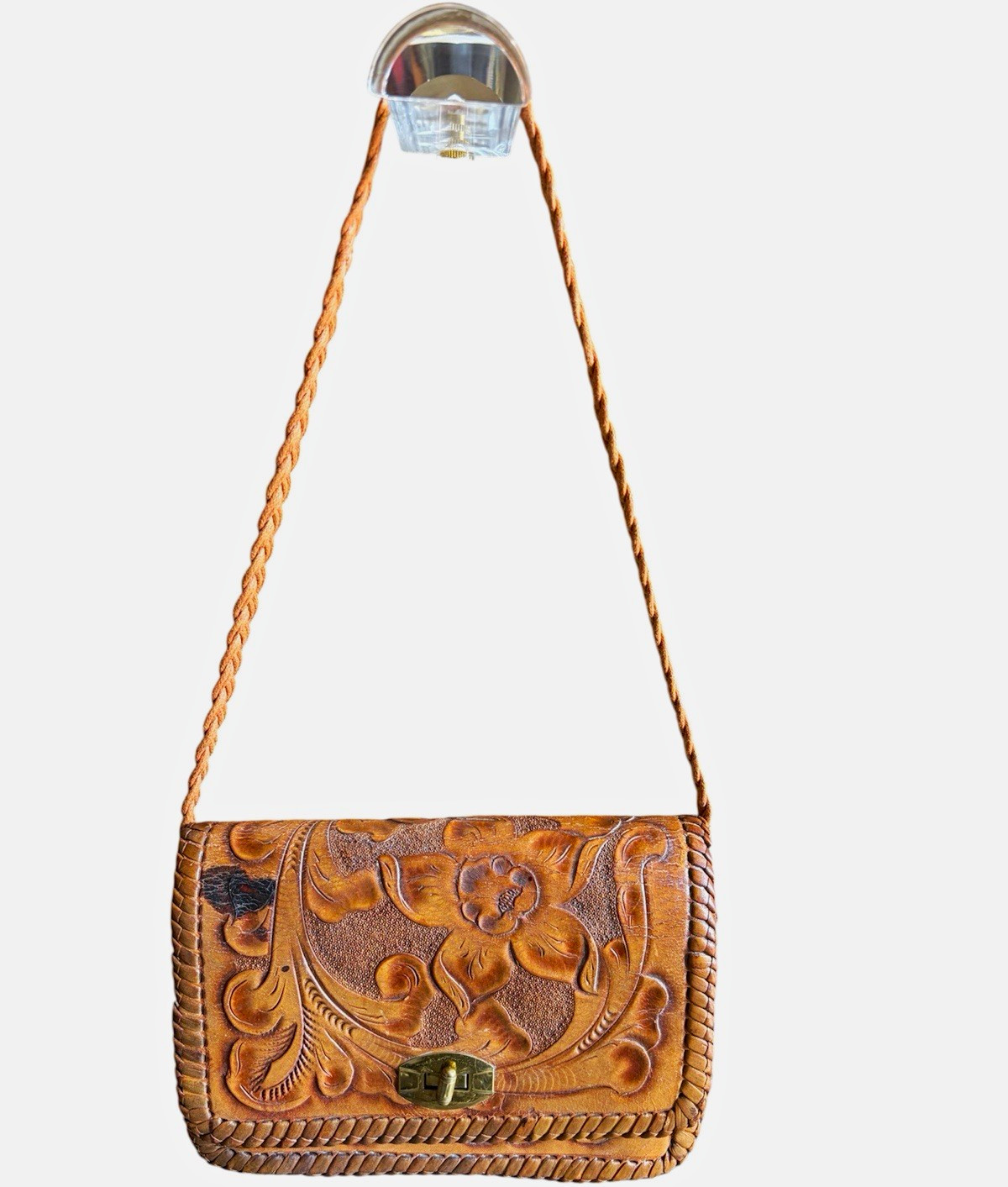 Brown Embossed Floral Crossbody Bag Braided Strap Turn Lock Gold Hardware As-is