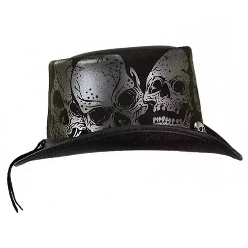Skull Western Cowboy Leather Top Hat Steampunk Top Hat,Gothic Top hat Biker MC