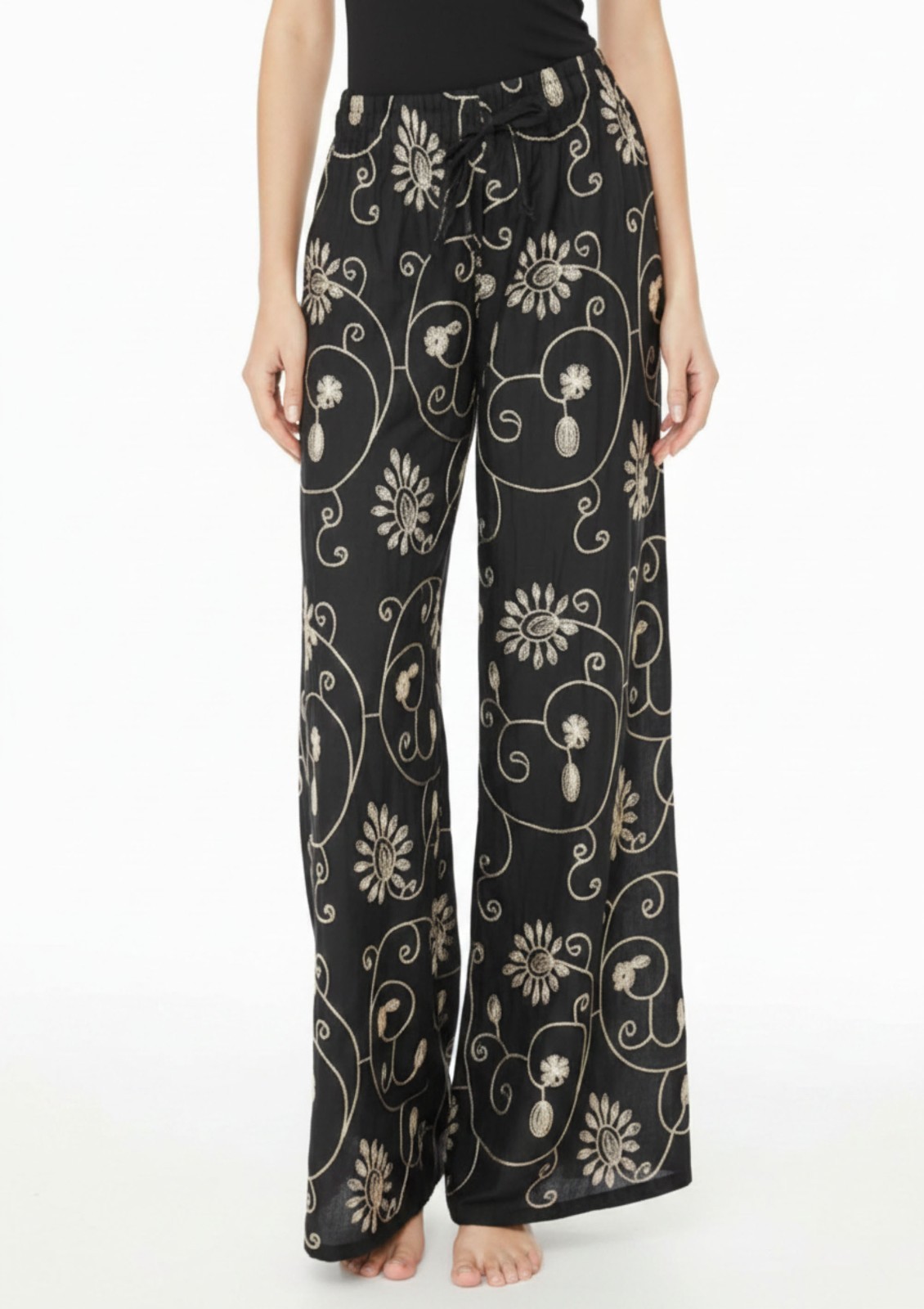 Women Embroidered Wide Leg Pants Flowers Palazzo Pants Cotton Summer Trousers